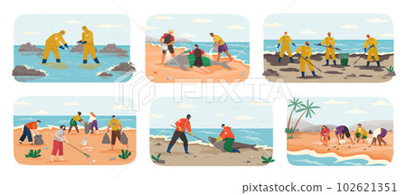 People with garbage on beach. Active people cleaning toxic seaside. Collaboration of volunteers clean up waste on ocean or sea coast People with garbage on beach. Active people cleaning toxic seaside. Collaboration of volunteers clean up waste on ocean or sea coast 102621351