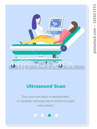 Landing page of medical website concept. Office of with ultrasound machine. Doctor examining patient 102621353