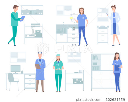 Set of illustrations about doctors work with equipment and instruments. Medical services concept 102621359