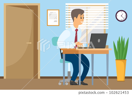 Businessman working at the computer sitting at a table in office space. Smiling man in shirt and tie 102621453