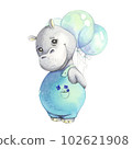 Cute watercolor hippo with balloons. Cartoon character design. 102621908
