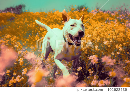 Happy dog playing and jumping, running through field of wild flowers. Pop art style. Generative AI 102622386