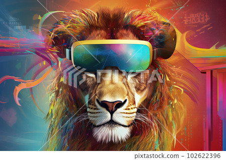 Lion wearing virtual reality glasses in futuristic setting, vibrant colors. Generative AI 102622396