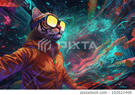 Tiger wearing virtual reality glasses in futuristic setting, vibrant colors. Generative AI 102622406