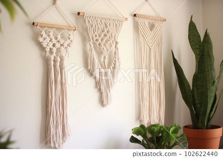 DIY macrame wall hanging. Boho style interior decor. Generative AI DIY macrame wall hanging. Boho style interior decor. Generative AI 102622440