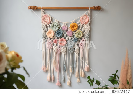 DIY macrame wall hanging. Boho style colorful interior decor. Generative AI DIY macrame wall hanging. Boho style colorful interior decor. Generative AI 102622447