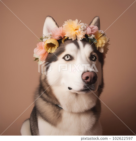 Husky wearing a flower crown on brown background. Realistic studio portrait. Generative AI Husky wearing a flower crown on brown background. Realistic studio portrait. Generative AI 102622597