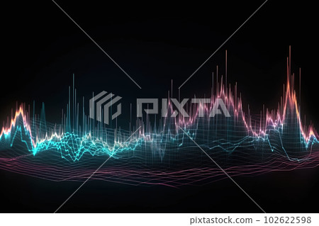 Sound wave abstract vizualisation. Music audio frequencies on black neon background, high tech waves. Generative AI Sound wave abstract vizualisation. Music audio frequencies on black neon background, high tech waves. Generative AI 102622598