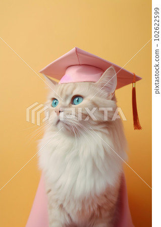 Cute cat in graduation cap and gown. Realistic studio portrait. Generative AI Cute cat in graduation cap and gown. Realistic studio portrait. Generative AI 102622599