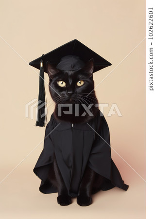 Black cat in graduation cap and gown. Realistic studio portrait. Generative AI 102622601