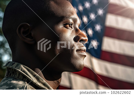 American soldier in uniform portrait, us flag background. Generative AI American soldier in uniform portrait, us flag background. Generative AI 102622602
