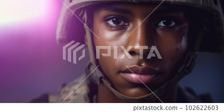 American soldier in uniform portrait, us flag background. Generative AI 102622603