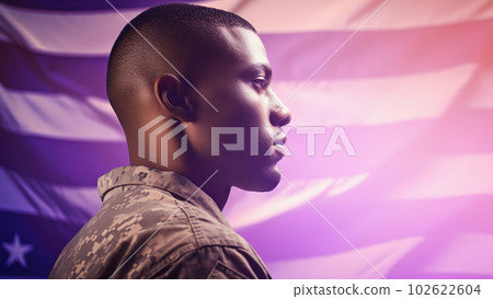 American soldier in uniform portrait, us flag background. Generative AI 102622604
