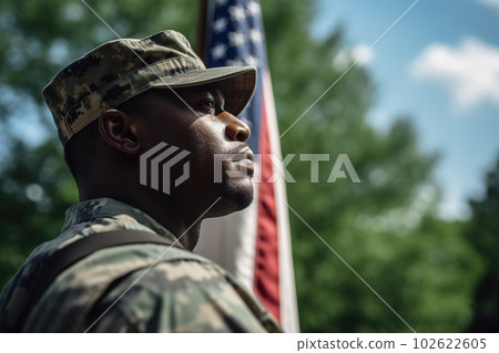 American soldier in uniform portrait, us flag background. Generative AI 102622605