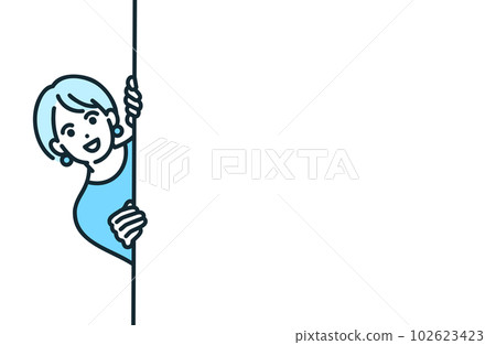 A woman sticking her face out of the wall. Illustration material of a business person peeking from behind a message board. 102623423