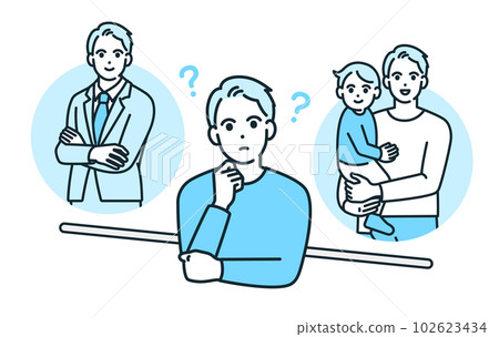 I want to work hard and cherish my time with my family. Illustration material of a man who thinks about work-life balance. 102623434
