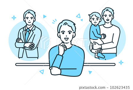 工作和私人生活之間的良好平衡。一個過著充實生活的男人的插圖素材。 102623435