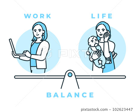 work life balance. Illustration material of a woman who works powerfully on both childcare and work. 102623447