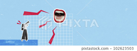 Contemporary art collage with huge shouting mouth near woman, office worker over blue studio background. Creative artwork. Banner with copy space for ad, text 102623503
