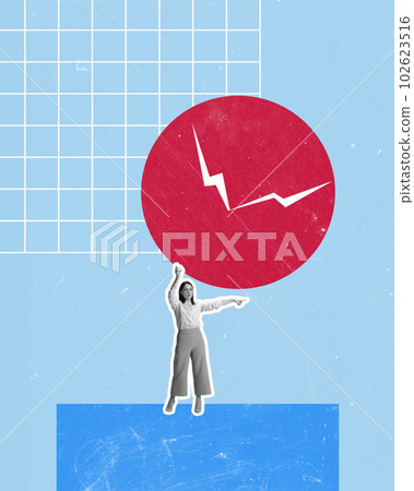 Contemporary art collage with woman, office worker holding huge clock with arrows on blue background. Time management 102623516