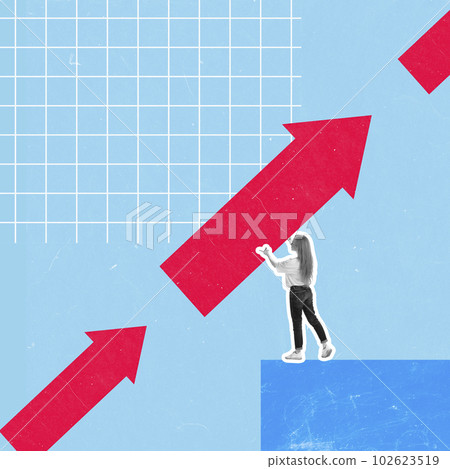Contemporary art collage with businesswoman, office worker holding huge arrow on blue studio background. Creative artwork 102623519