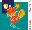 OLGA (1979) "flower power" decorative floral bouquet No.2.  Late 1970s fashion style, hand-drawn vector illustration. 102623918