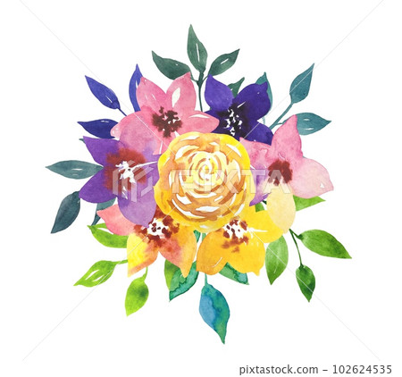 Watercolor bright flowers, green leaves. Bright bouquet. 102624535