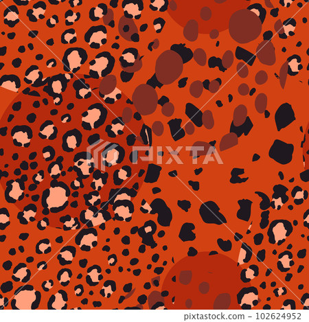 Abstract modern leopard seamless pattern with circles. Animals trendy background. Color decorative vector illustration for print, card, fabric, textile. Modern ornament of stylized skin Abstract modern leopard seamless pattern with circles. Animals trendy background. Color decorative vector illustration for print, card, fabric, textile. Modern ornament of stylized skin 102624952