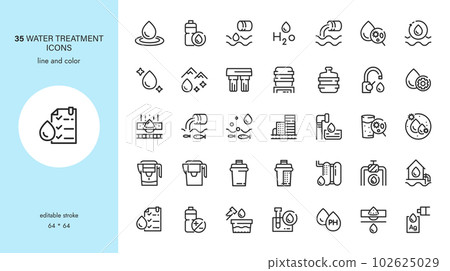 Water Quality Signs and Water Treatment Vector Icons Set. From Water Drop to Analysis, H2O Hygiene, PH Balance and Laboratory Bacterial Research. Editable Outline Collection. Water Quality Signs and Water Treatment Vector Icons Set. From Water Drop to Analysis, H2O Hygiene, PH Balance and Laboratory Bacterial Research. Editable Outline Collection. 102625029