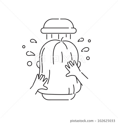 Washing Hair in Shower Thin Icon. Vector Outline Editable Woman's Hair Care and Hygiene Routine Illustration. 102625033