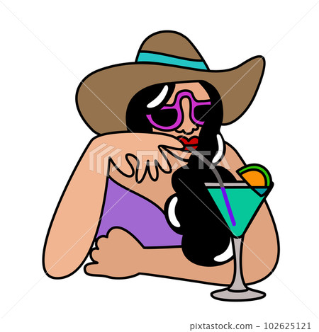 Retro girl in cowboy hat drinking cocktail. Bright vector isolated illustration. 102625121