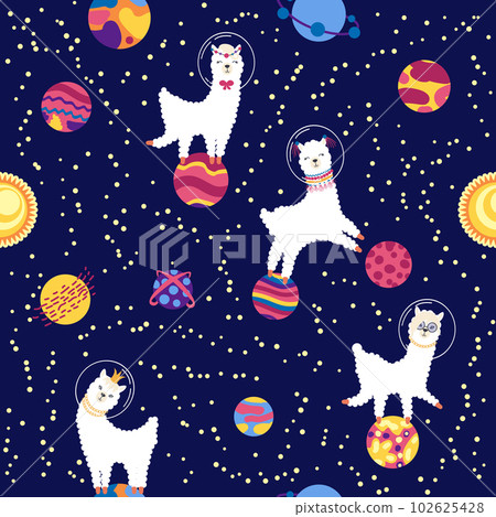 Seamless pattern with lama in a rocket, in space. Lama travels, adventures among the stars. Cute pattern with alpaca Seamless pattern with lama in a rocket, in space. Lama travels, adventures among the stars. Cute pattern with alpaca 102625428