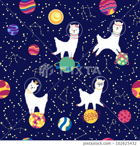 Seamless pattern with lama in a rocket, in space. Lama travels, adventures among the stars. Cute pattern with alpaca Seamless pattern with lama in a rocket, in space. Lama travels, adventures among the stars. Cute pattern with alpaca 102625432