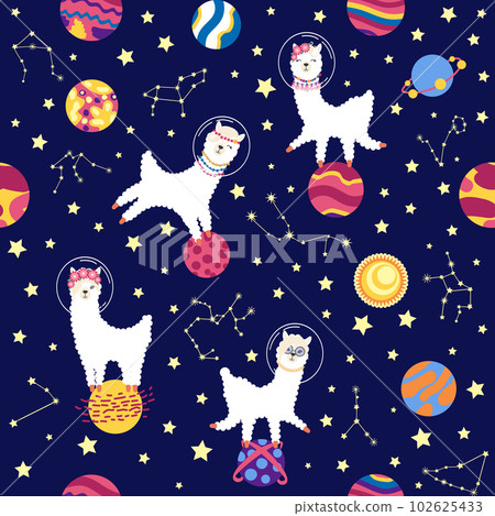 Seamless pattern with lama in a rocket, in space. Lama travels, adventures among the stars. Cute pattern with alpaca 102625433