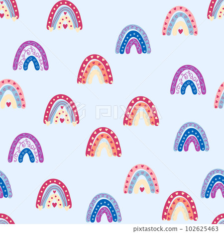Seamless pattern graceful rainbows in boho colors. Scandinavian baby hand style for newborns. 102625463