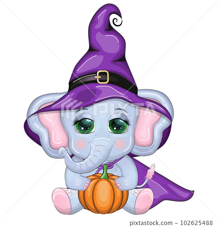 Cute cartoon elephant, childish character in wizard hat with pumpkin, potion or broom, halloween Cute cartoon elephant, childish character in wizard hat with pumpkin, potion or broom, halloween 102625488