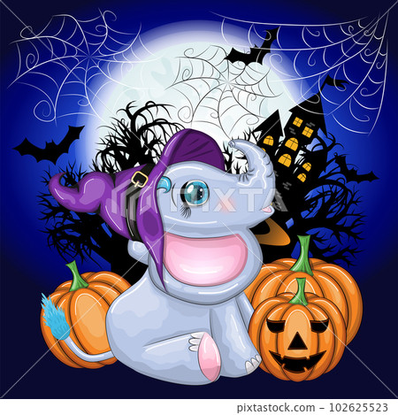 Cute cartoon elephant, childish character in wizard hat with pumpkin, potion or broom. Halloween postcard Cute cartoon elephant, childish character in wizard hat with pumpkin, potion or broom. Halloween postcard 102625523
