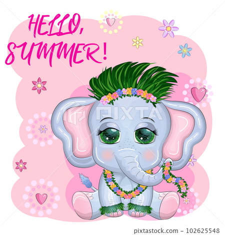 Cute cartoon elephant, childish character with beautiful eyes in Hawaiian costume, beach and vacation 102625548