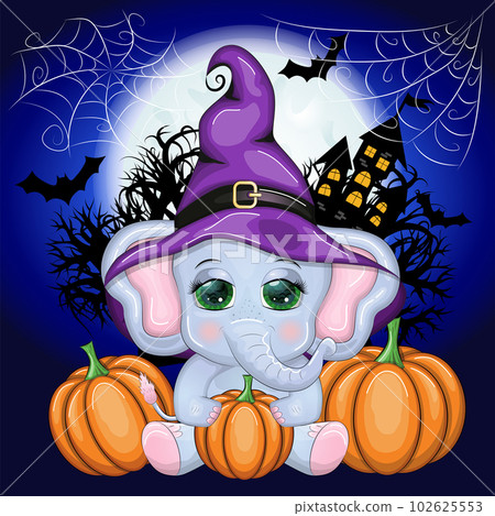 Cute cartoon elephant, childish character in wizard hat with pumpkin, potion or broom. Halloween postcard Cute cartoon elephant, childish character in wizard hat with pumpkin, potion or broom. Halloween postcard 102625553