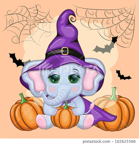 Cute cartoon elephant, childish character in wizard hat with pumpkin, potion or broom. Halloween postcard 102625566