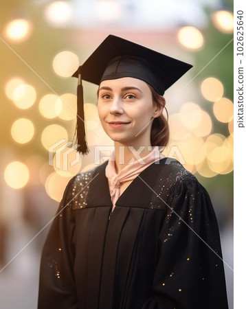Soft Sensual Young Woman Portrait in Graduatinal Cup. Beautiful Girl Shoot with Bokeh Lights Amber Background. Ai Generative 102625640