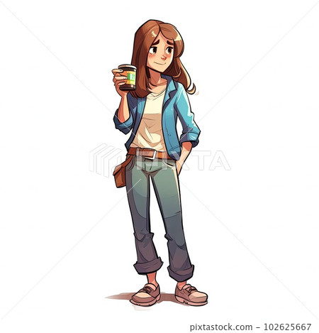Cute Cartoon Girl is Standing with Cup of Drink. Casual Game Cartoon Personage. Ai generated Cute Cartoon Girl is Standing with Cup of Drink. Casual Game Cartoon Personage. Ai generated 102625667