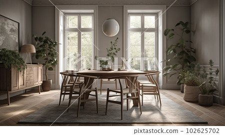 Cozy Modern Dining Room Neutral Beige Scandinavian Interior. Contemporary Realistic Living Room. Ai generated 102625702