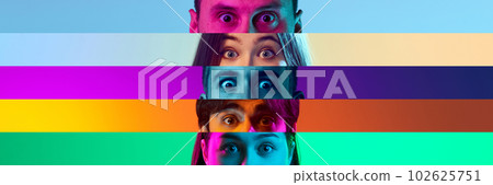 Cropped male and female horrified eyes placed on colored narrow stripes, lines over colorful background. Fear has big eyes 102625751
