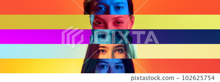 Cropped image with male and female charming eyes with different colours over colorful background. Concept of human emotions, expressions. Point of view 102625754