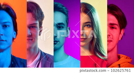 Cropped male and female halves of faces, placed on narrow vertical stripes in neon lights. Close-up Cropped male and female halves of faces, placed on narrow vertical stripes in neon lights. Close-up 102625761