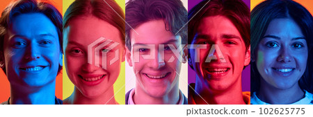 Composite image of diverse happy cheerful young people faces, male, female expressing joyful emotions and smiling over multicolor background in neon light Composite image of diverse happy cheerful young people faces, male, female expressing joyful emotions and smiling over multicolor background in neon light 102625775