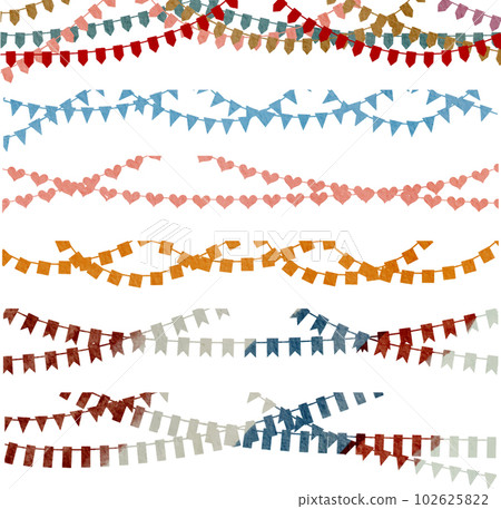 Watercolor colorful rustic with flags bunting isolated on white background. Hand-drawn illustration sketch vector 102625822