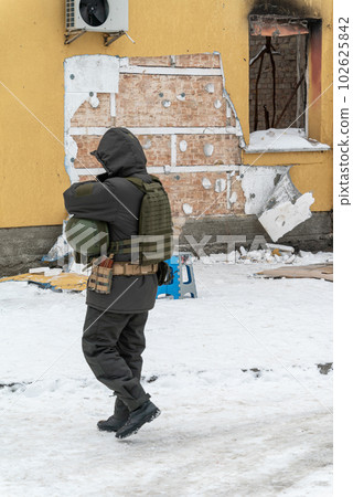 GOSTOMEL, UKRAINE - DECEMBER 02, 2022: Crime scene after Banksy graffiti theft in Gostomel, Ukraine 102625842