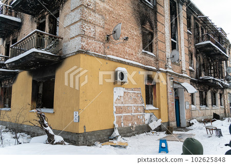GOSTOMEL, UKRAINE - DECEMBER 02, 2022: Crime scene after Banksy graffiti theft in Gostomel, Ukraine GOSTOMEL, UKRAINE - DECEMBER 02, 2022: Crime scene after Banksy graffiti theft in Gostomel, Ukraine 102625848